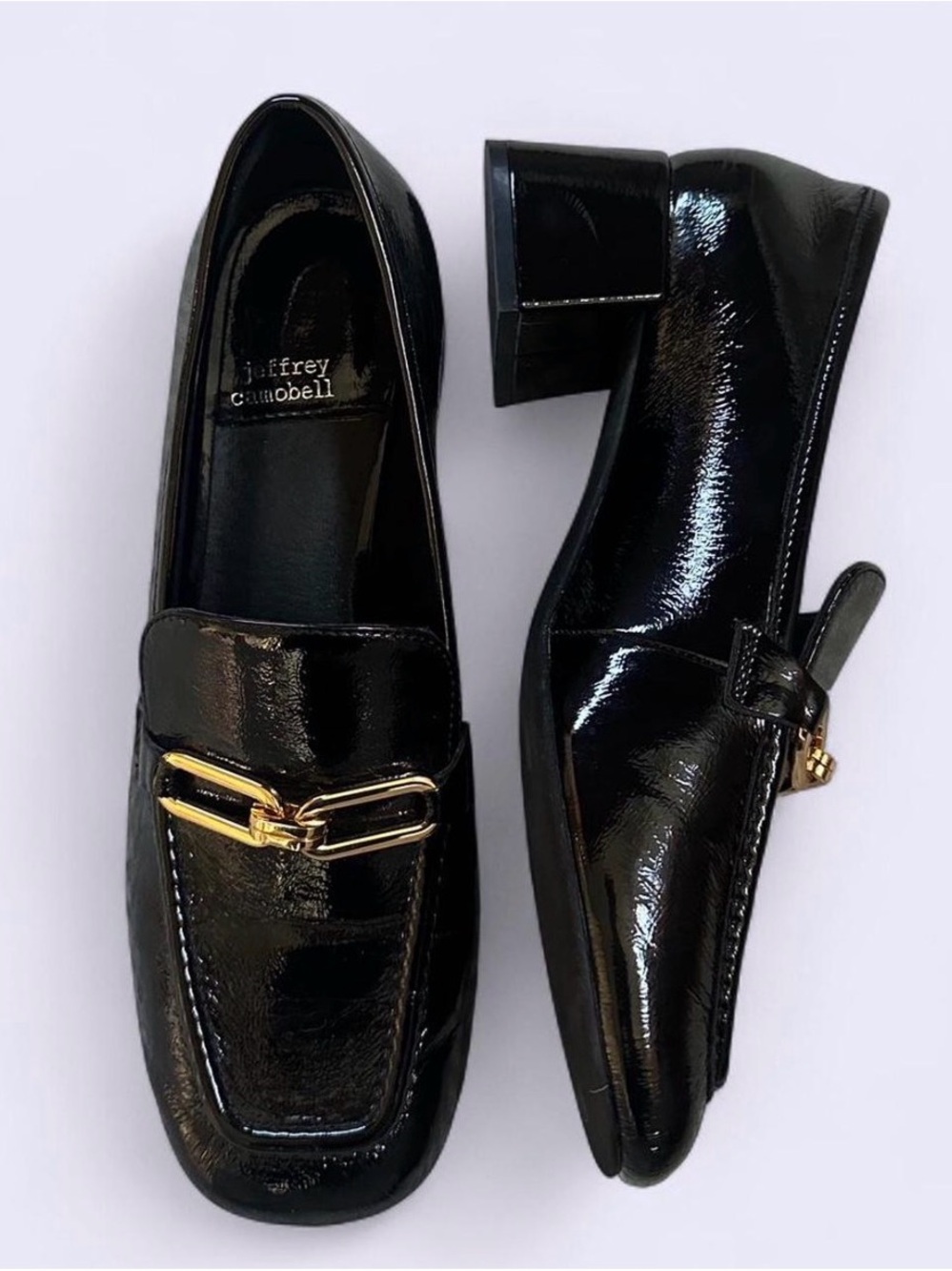 Jeffrey Campbell Black Patent Leather Block Heel Loafers with Gold Chain Accent